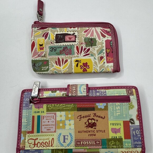 Fossil Logo All Over Checkbook Wallet & Matching Coin Purse License Slot Lot 2 - Picture 3 of 11